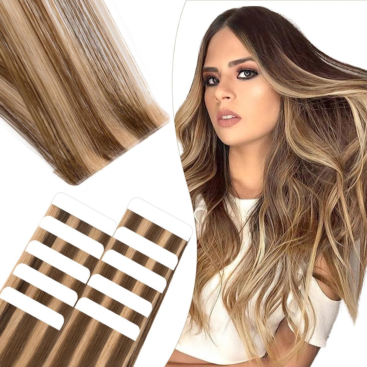 Tape Om Het Echte Haar Te Verlengen #4P27 Middelbruin/Honing-Blond, 10 Stuks Onzichtbare Lijm Om Het Haar Te Verlengen 25g, 45 Cm Gestikt Onzichtbaar Haar Glad