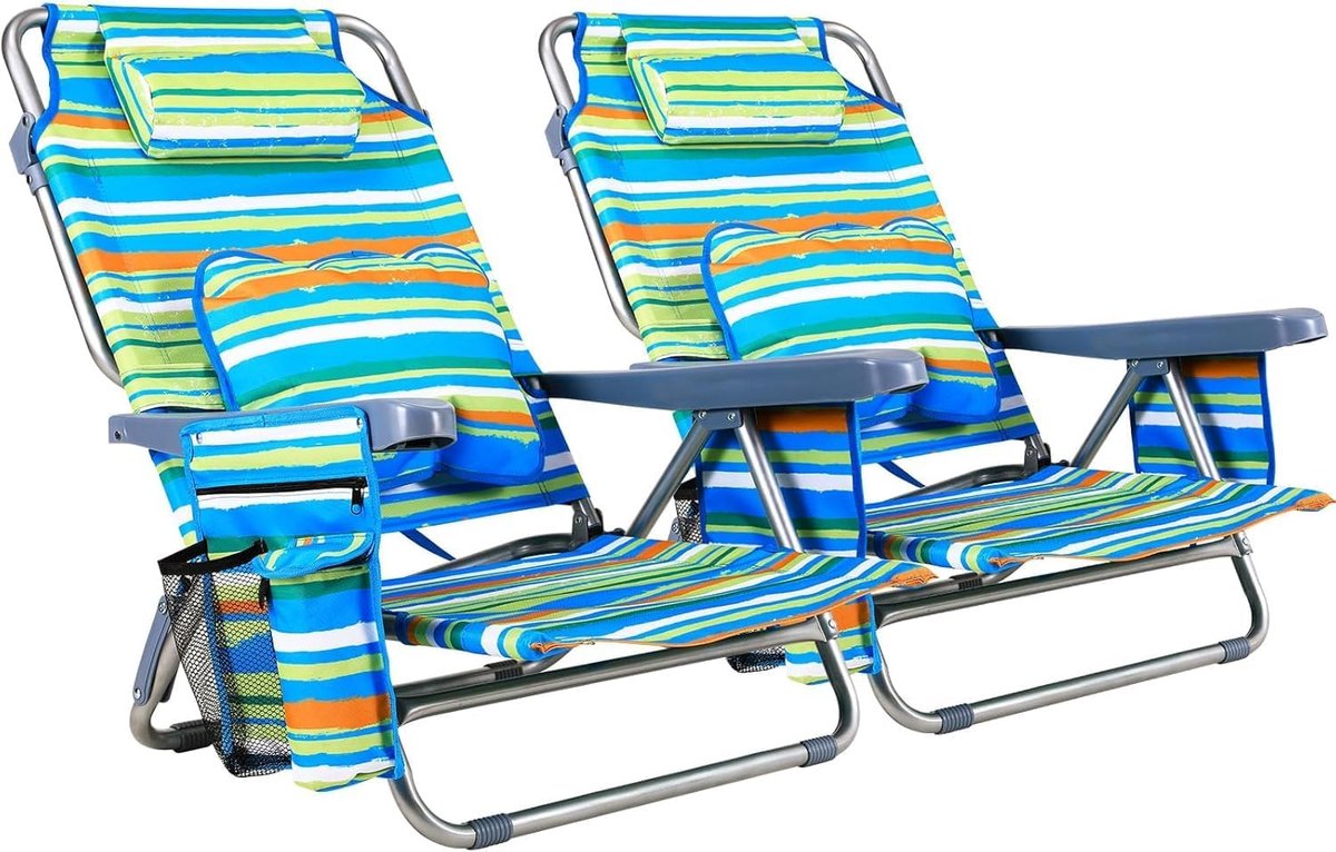 Strandstoel met rugzakfunctie, klapstoel met ligfunctie voor zand, verstelbare hoge rugleuning, met armleuning, lendenkussen, hoofdsteun, zijzakken, campingstoel, opvouwbaar, 2, groen