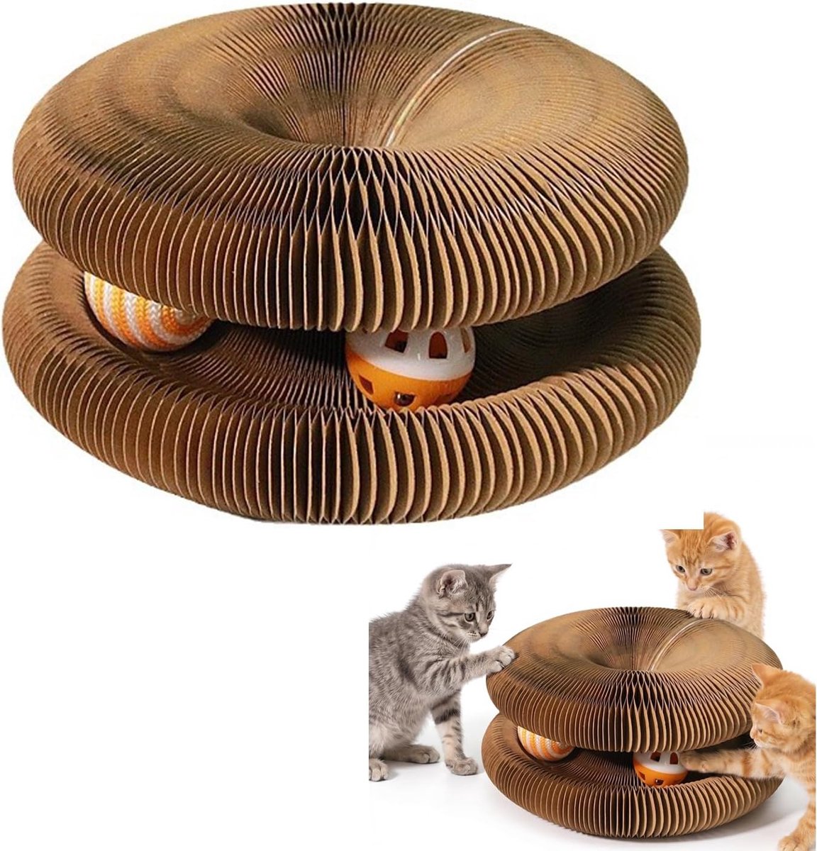 Krabpaal van karton, opvouwbaar speelgoed in de vorm van een accordeon met bel, rond, magnetisch, voor katten binnenshuis