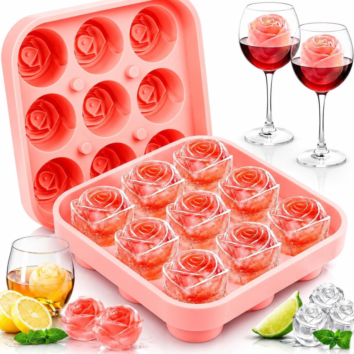 IJsblokjesvorm van siliconen, met deksel, ijsblokjesvorm met 9 kamers, BPA-vrij, siliconen ijsblokjesvorm voor whisky, cocktails, sap en koffie