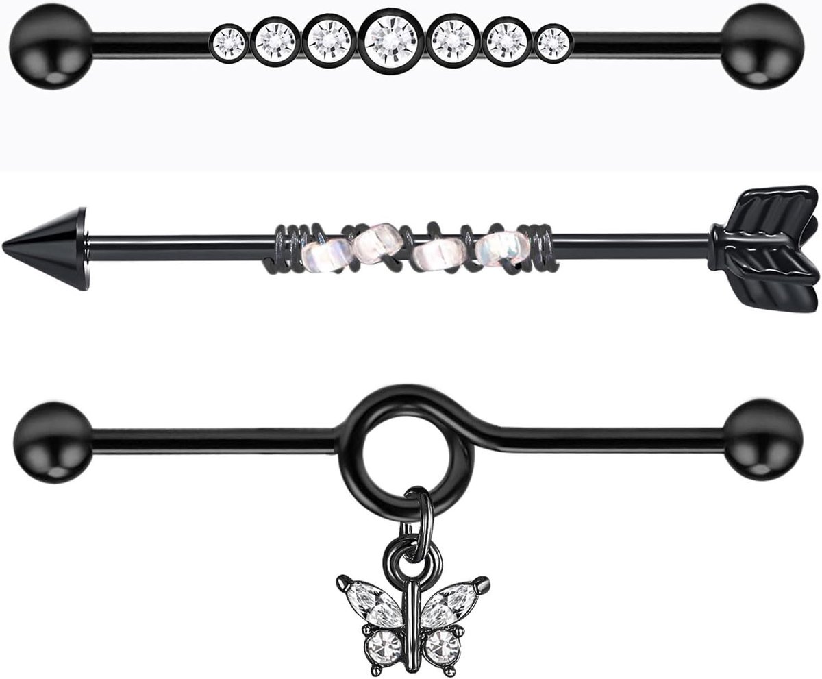 3Pcs 38Mm Industriële Bars Rvs 14G Steiger Barbell Zilver Zwart Goud Roze Industriële Piercing Sieraden Pijl Vlinder