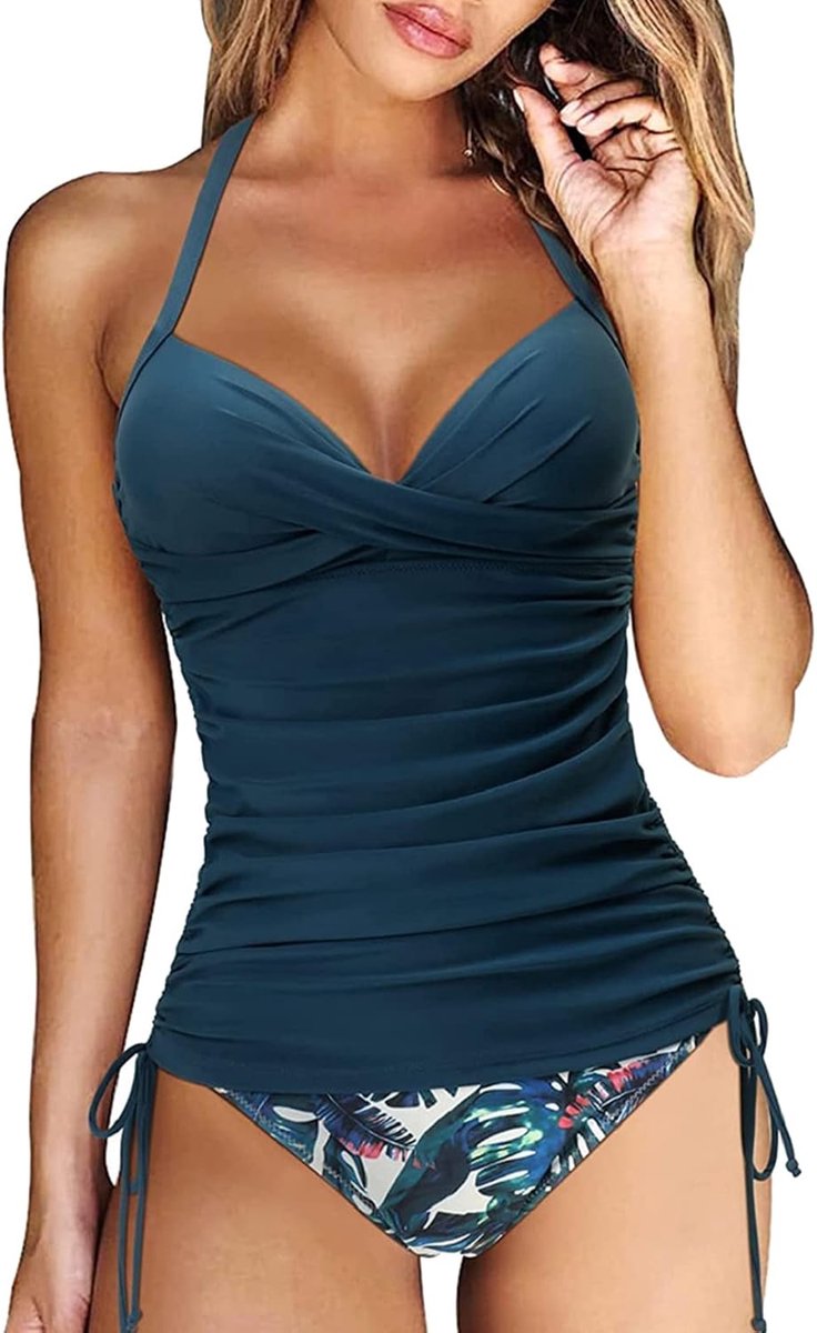 Damesbadpak, 2-delig, V-hals, vintage top bikini met trekkoord, crossover zwempak, push-up, badmode, verstelbare schouderriem, voor vakantie, strand