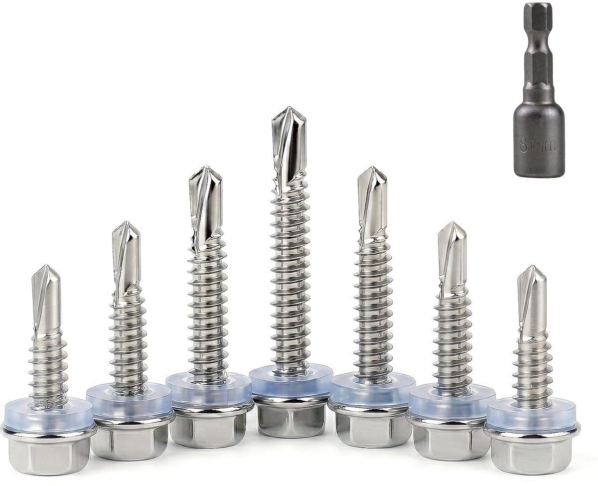 M4,8 mix zeskant met afdichtring 120 stuks roestvrij staal | Trapeziumplaatschroeven assortiment 16/19/25/32 mm voor dak en gevel, zelftappend, EPDM-afdichting, incl. dopsleutel
