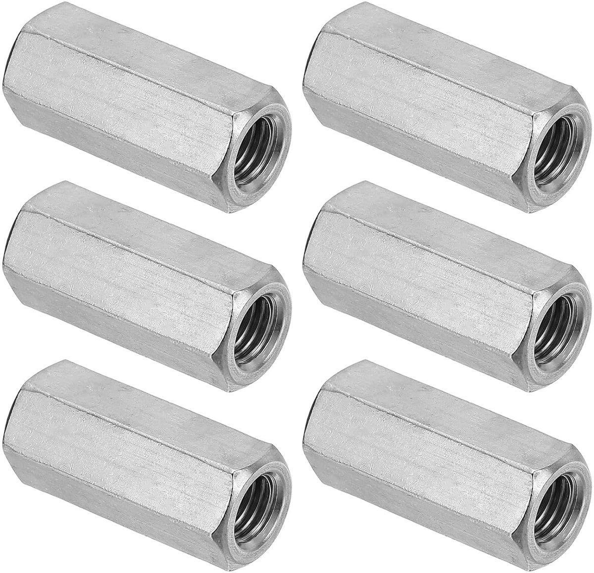 Lange moer M12 x 1,75 pitch zeskantmoer van roestvrij staal 304, 6 stuks 45 mm/1,8 inch lengte schachtverbindingen, grove schroefdraad, koppelmoeren, zilvertint