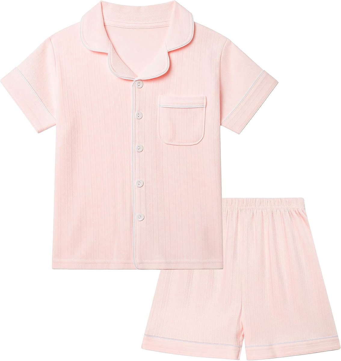 NANU Katoenen pyjama voor meisjes, korte mouwen, 2-delige set met knopen, ademend, effen, om te slapen, maat 5 tot 13 jaar