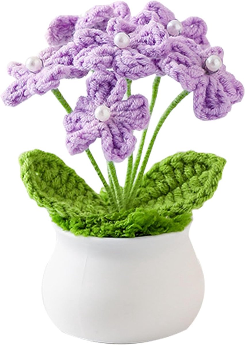 bloem, gebreide bloemen, pluche, gebreide bloemen, vergeten bloemen, handgebreide bloemen, kleine planten, pot, handgemaakt, voor thuis, kantoor (paars)