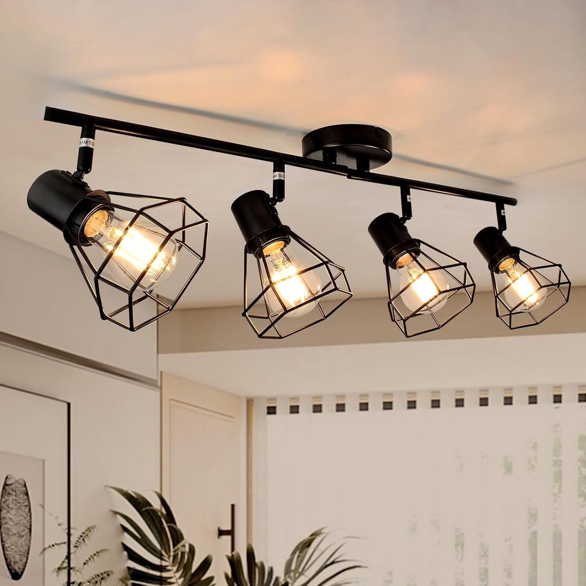 Plafondlamp 4 draaibare lampen, zwart vintage industriële plafondspot voor keuken