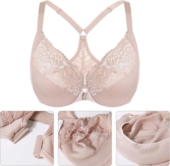 Vershcluss beha voor dames, volledige cups, ongevoerd, beugel, T-shirt, beha, comfort, grote maten, T-rug, bloemenkant, beige, 80G — afbeelding 3