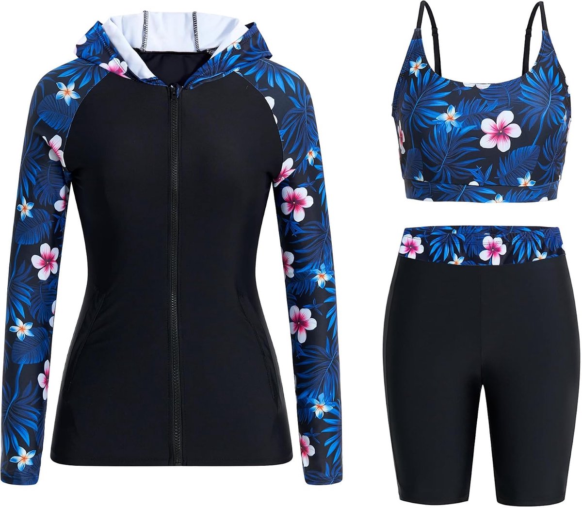 Rash Guard | UPF50+ badpakken capuchon UV-shirt | lange mouwen ritssluiting Rashguard shirts & bikini top & hoge taille boyshorts | zwemmen surfen bescheiden badkleding
