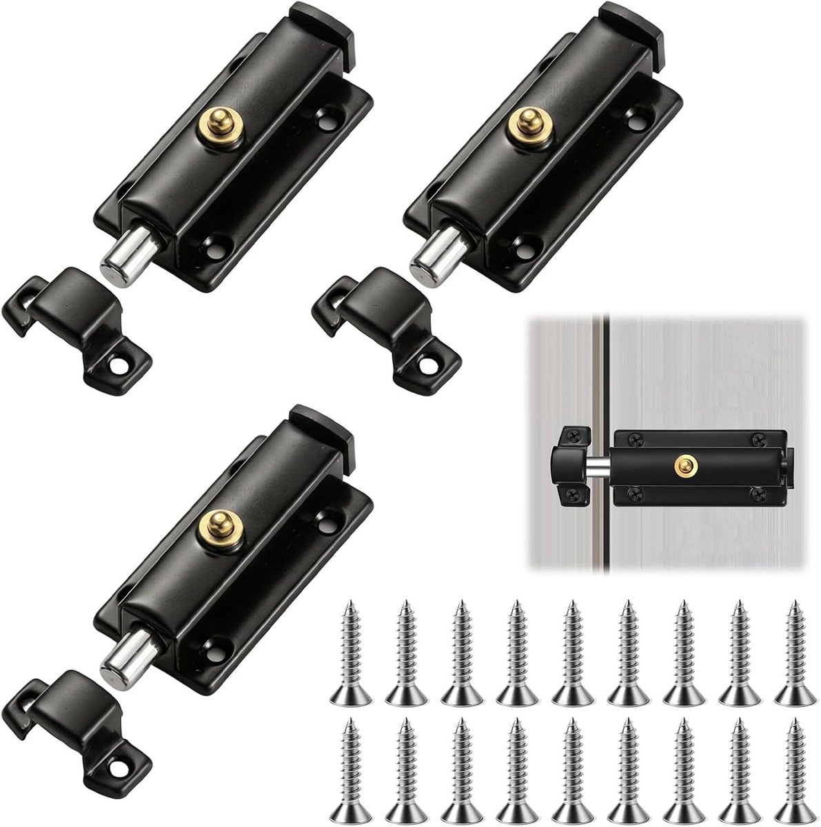 Deurgrendels voor binnen, 3 stuks, roestvrij staal, veergrendel, zwart, 7,5 cm, automatische druk-resetdeurgrendel, diefstalbestendige deurslotklem voor binnendeuren, met roestvrijstalen