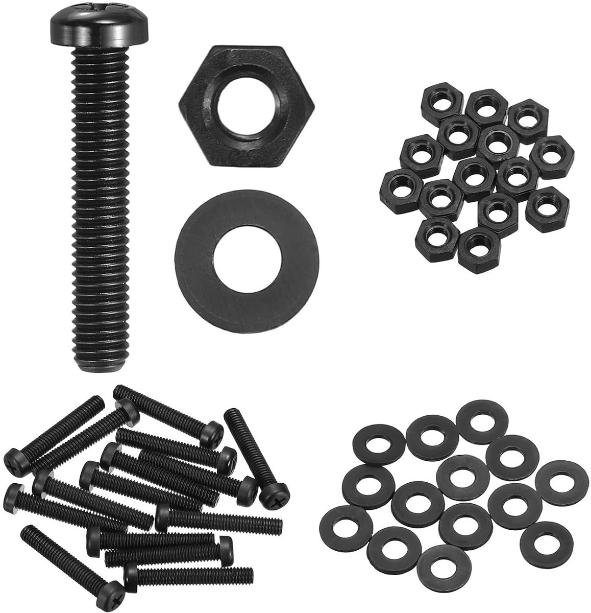 Set van 15 stuks, M6 x 35 mm, nylon PA66, kunststof kruis-ronde kop, schroeven, Phillips zeskantige moeren, sluitringen, assortiment, kit, metrisch, volledige schroefdraad, schroeven, zwart