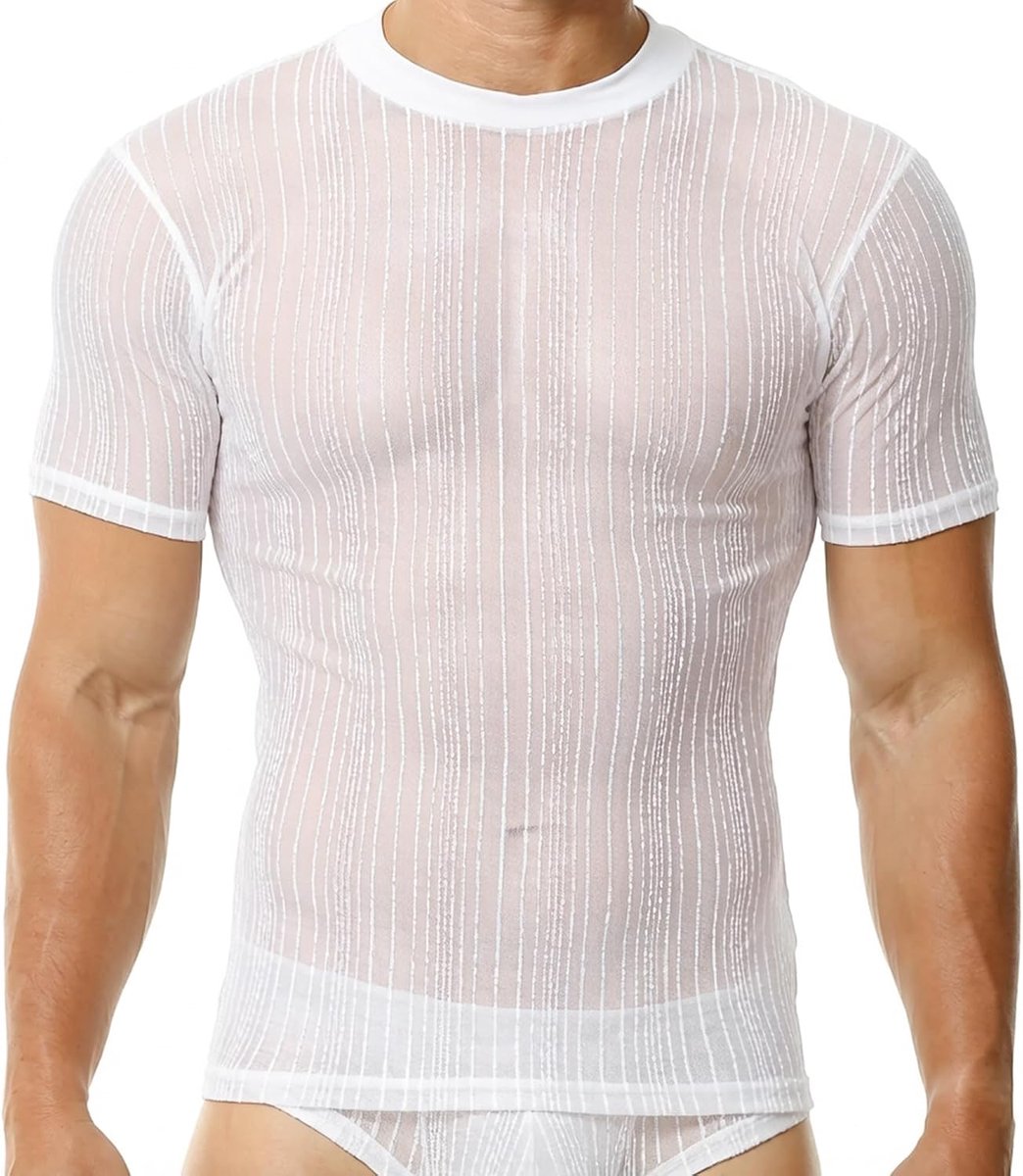 Mesh Onderhemd Activewear Shirt Doorzichtig Glitter Korte Mouw T-Shirt Muscle Fit Clubwear