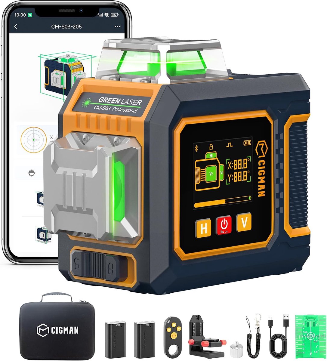 Kruislijnlaser Groen 3x360° – Zelfnivellerend met Appbediening, LCD-Scherm, Mini Statief en USB-C