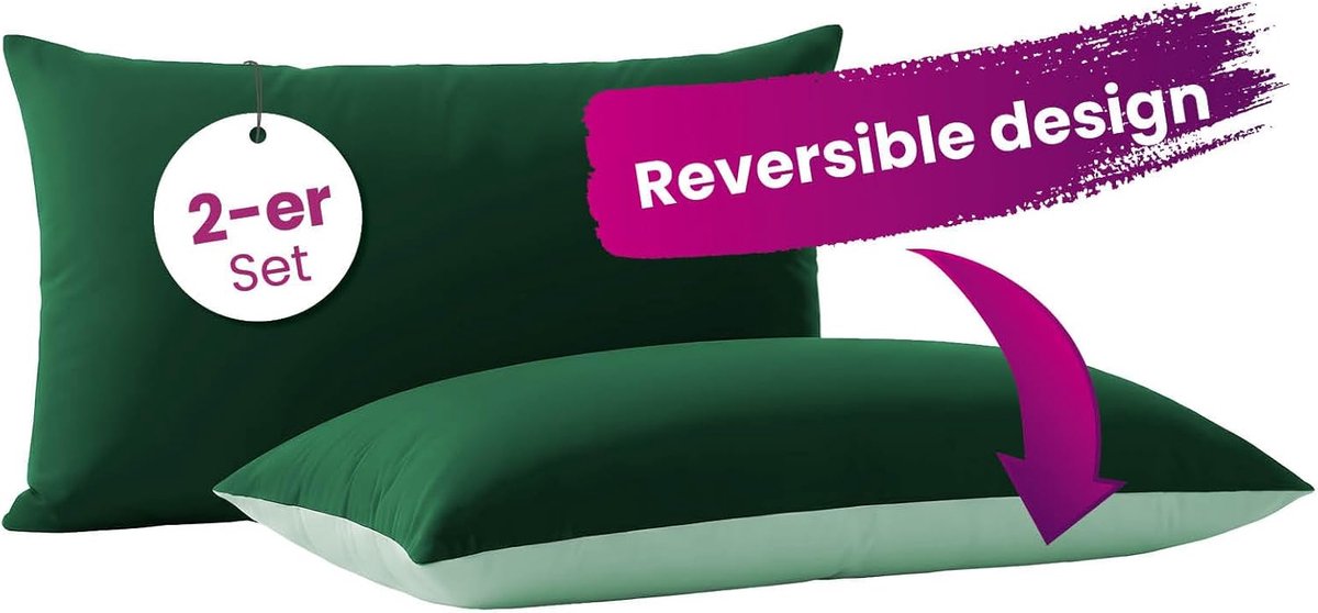 wometo Kussensloop in dubbelpak & omkeerbaar design ca. 40 x 80 cm, donkergroen en groen, qua kleur perfect afgestemd, klassieke hotelsluiting, 2-kleurige look, Oeko-Tex getest