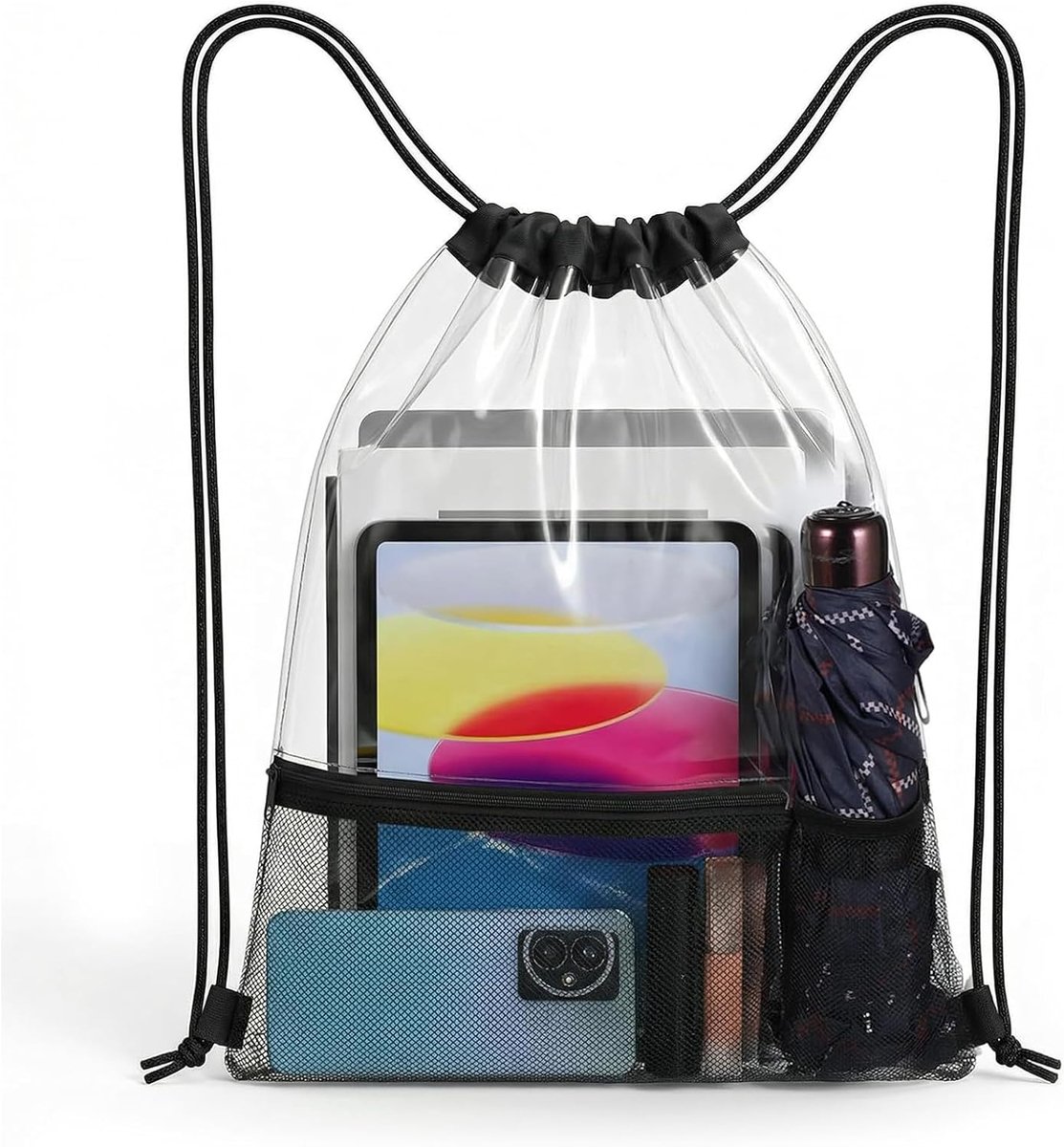 Transparante tas, transparante rugzak, 43 x 34 cm, gymtas met trekkoord voor stadion, concert en sport, nettas, waterdichte sporttas, clear bag voor dames en heren, zwart