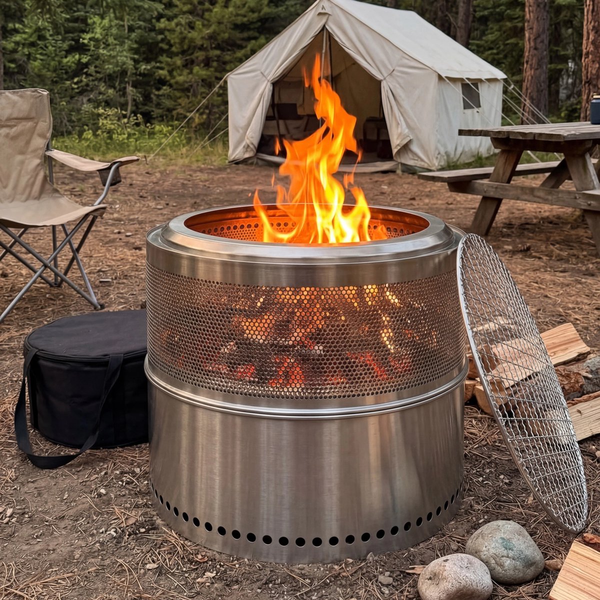 DESMIU Vuurschaal – Rookvrij En Draagbaar Met Grillrooster – 50 Cm X 40 Cm – Staal – Silver – Voor Tuin, Terras En Camping