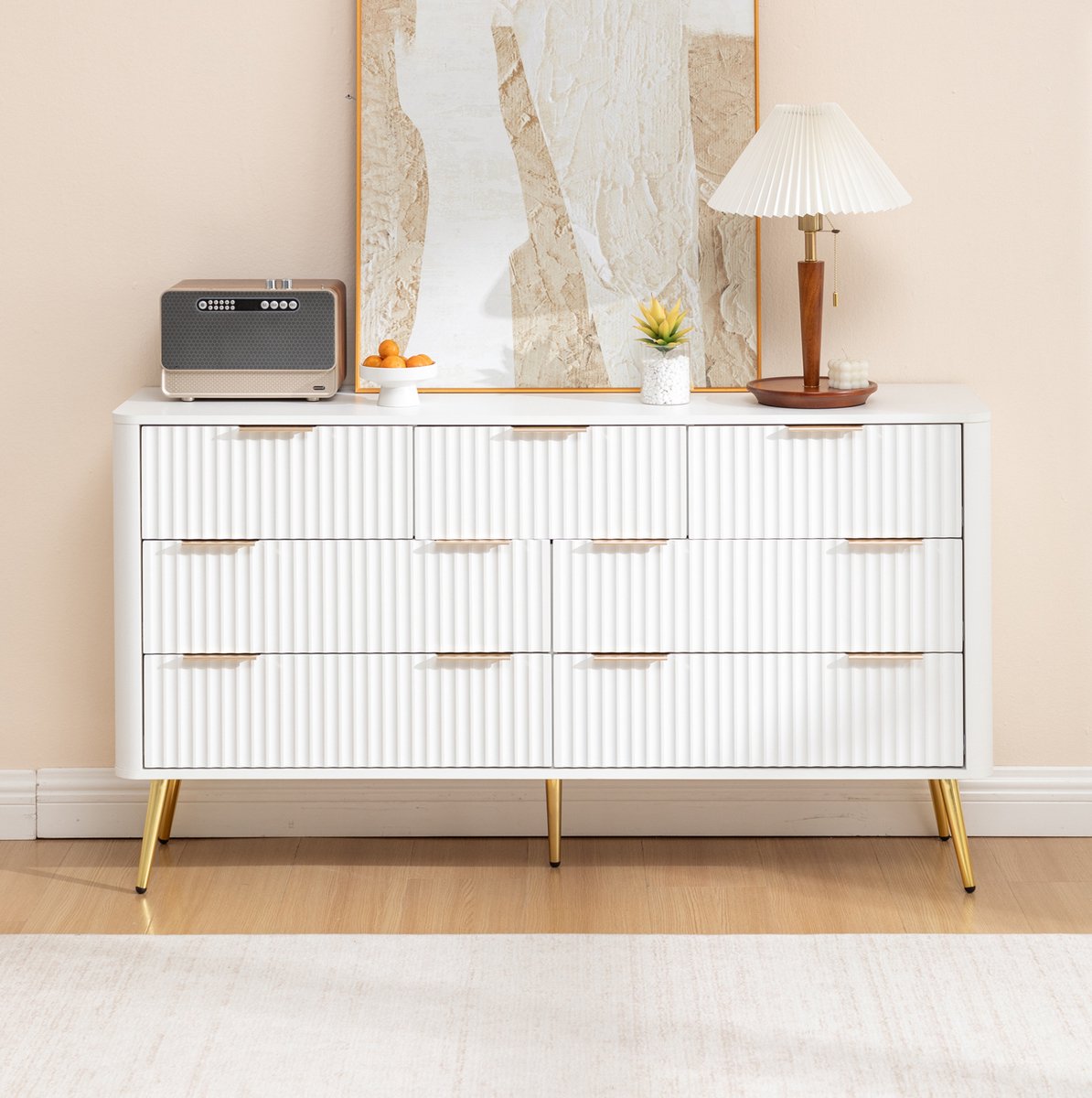 COVREO Dressoir 145x40x80 cm wit, van MDF met 7 lades en metalen handgrepen