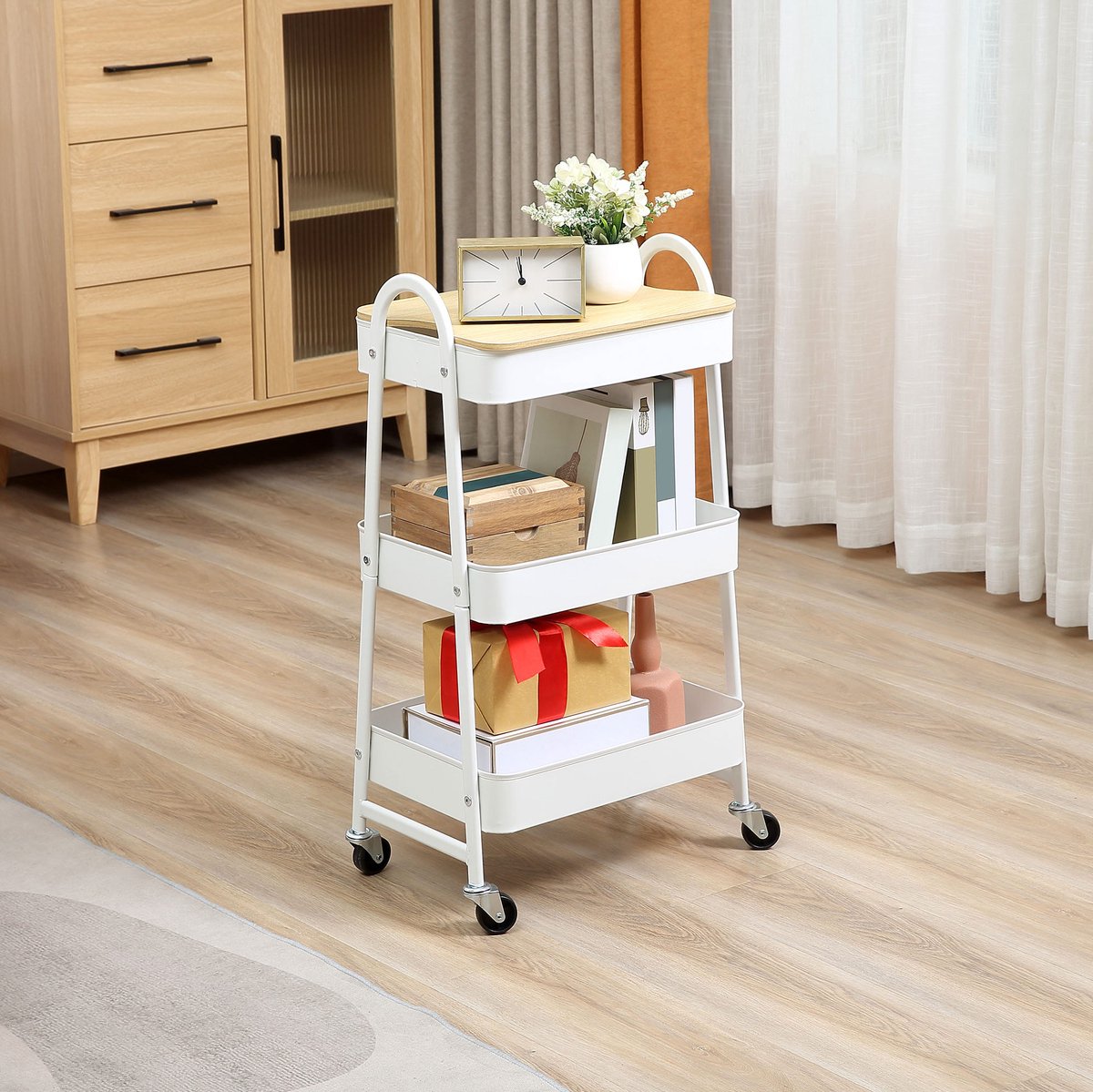 DESMIU Keukenwagen 3 Etages Met Deksel 45 X 31 X 79,4 Cm Staal Wit Met Wielen Voor Keuken En Bureau
