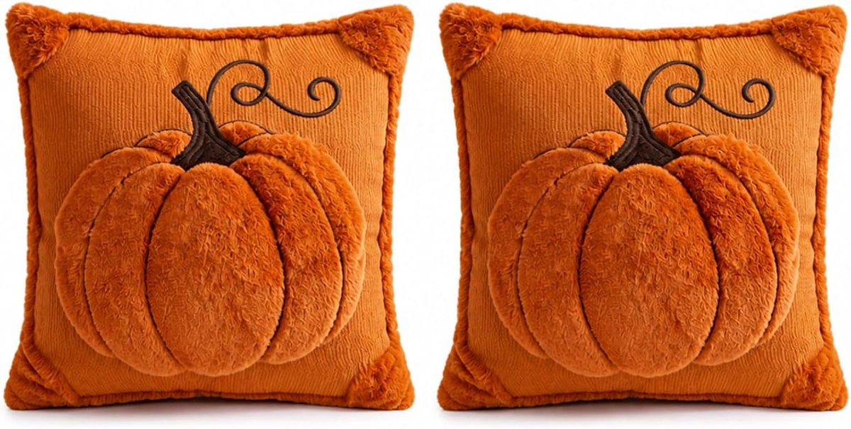 Pillowcase 45x45cm - Set van 2 - Pluche Herfst Pompoen - Perfect voor je woonkamer - SnelShoppen