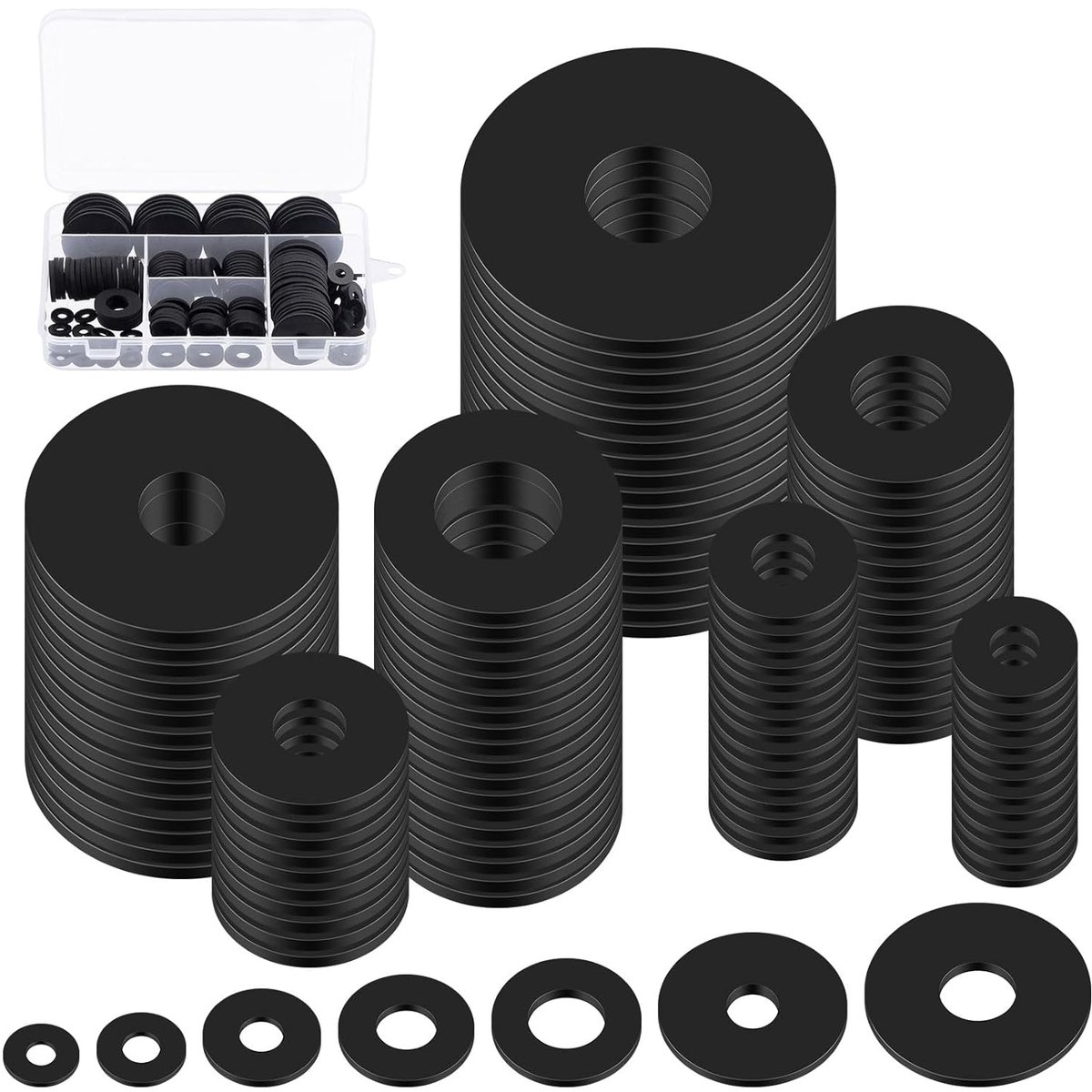 Rubber washers set 175pcs - 7 maten - zwart rubber - demping voor machines - SnelShoppen