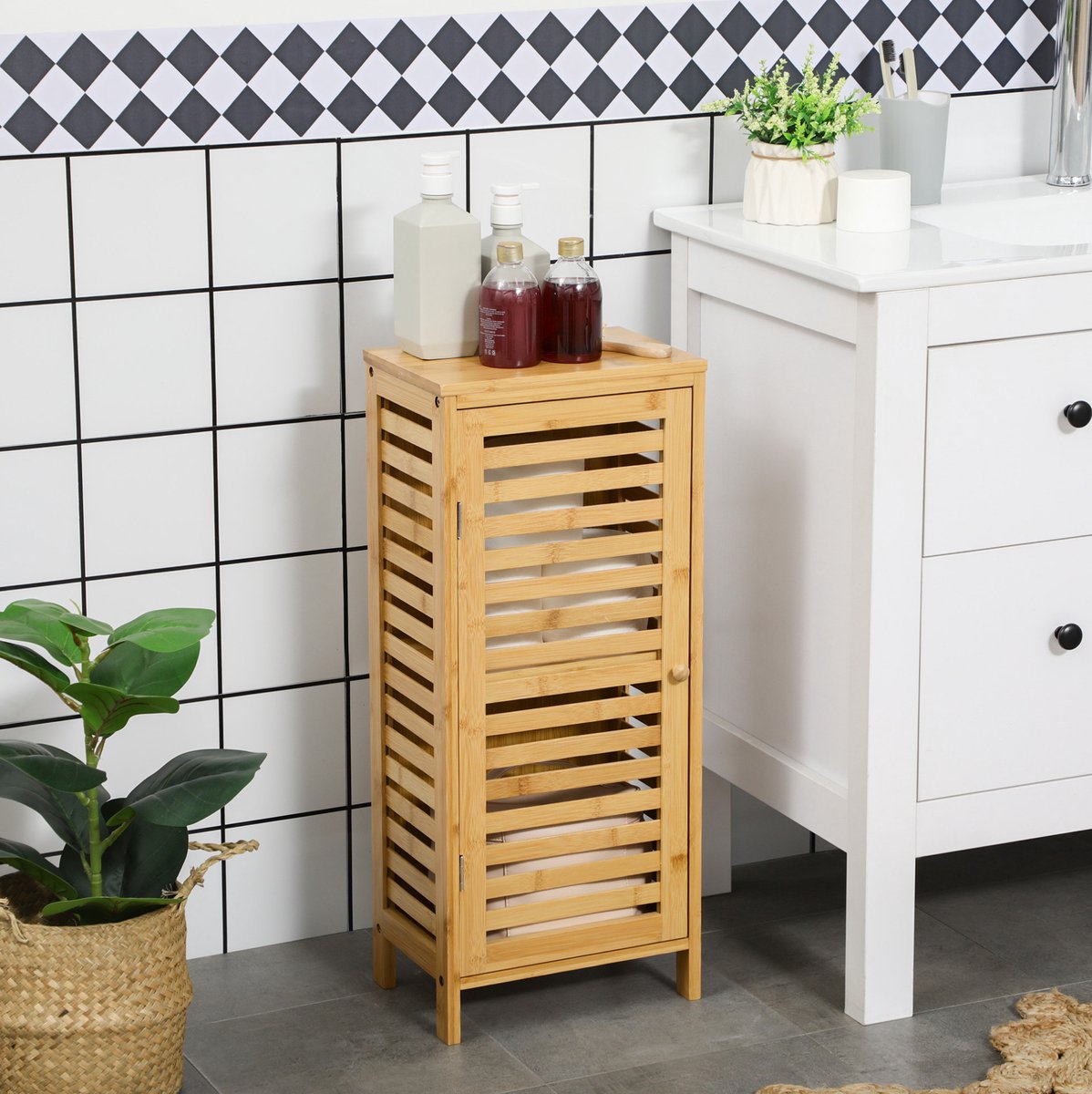 Badkamerkast - Lamellendeur Met Verstelbare Plank - Smal Staand Opbergkast Voor Badkamer En Hal - Bamboe - Naturel - 30 X 19,9 X 70 Cm