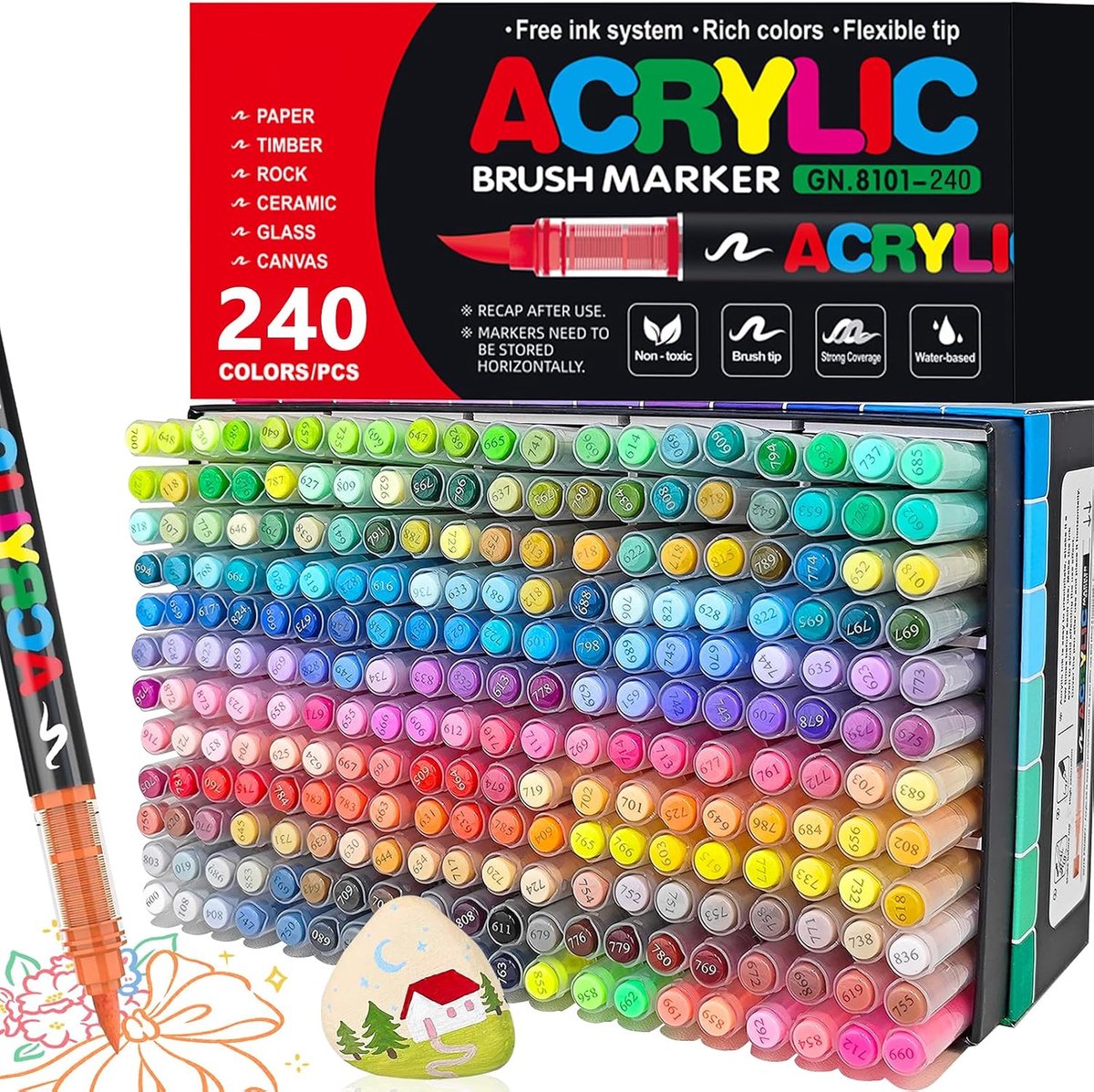 Acryl Brush Markers Set 240 Kleuren - Verf Pennen voor Steen, Hout, Glas, Keramiek - SnelShoppen