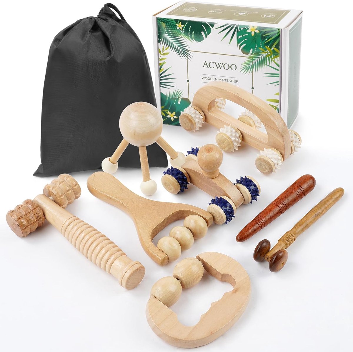 Massage Roller Set - 8 Stuks Houten Acupressuur Hulpmiddelen - Lymfedrainage en Spierontspanning - Voor Rug en Hals - SnelShoppen