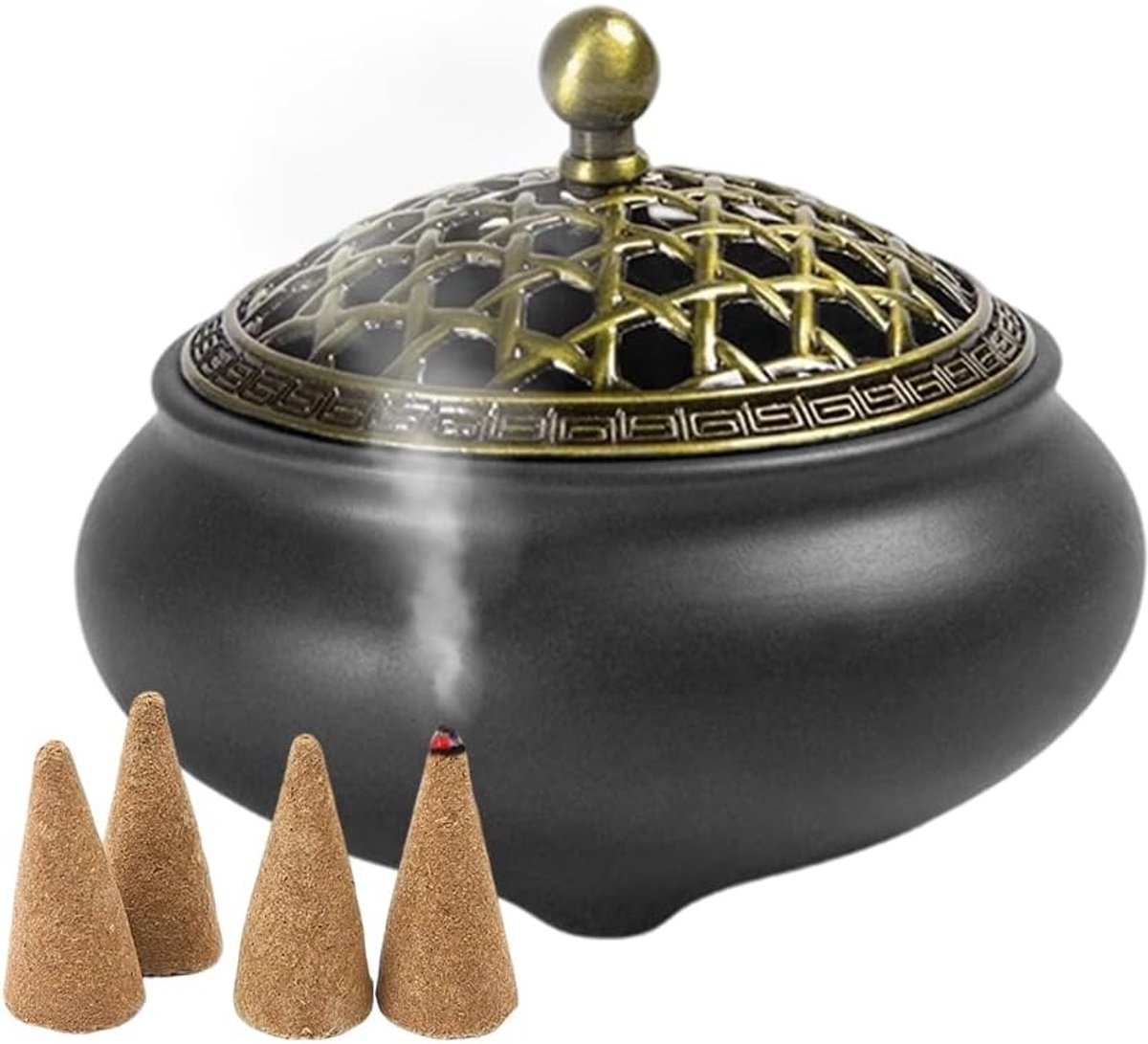 Ceramic wierookhouder 9,5 cm - Vintage porselein met metalen deksel - Antieke stijl - Perfect voor meditatie - ShopVlot