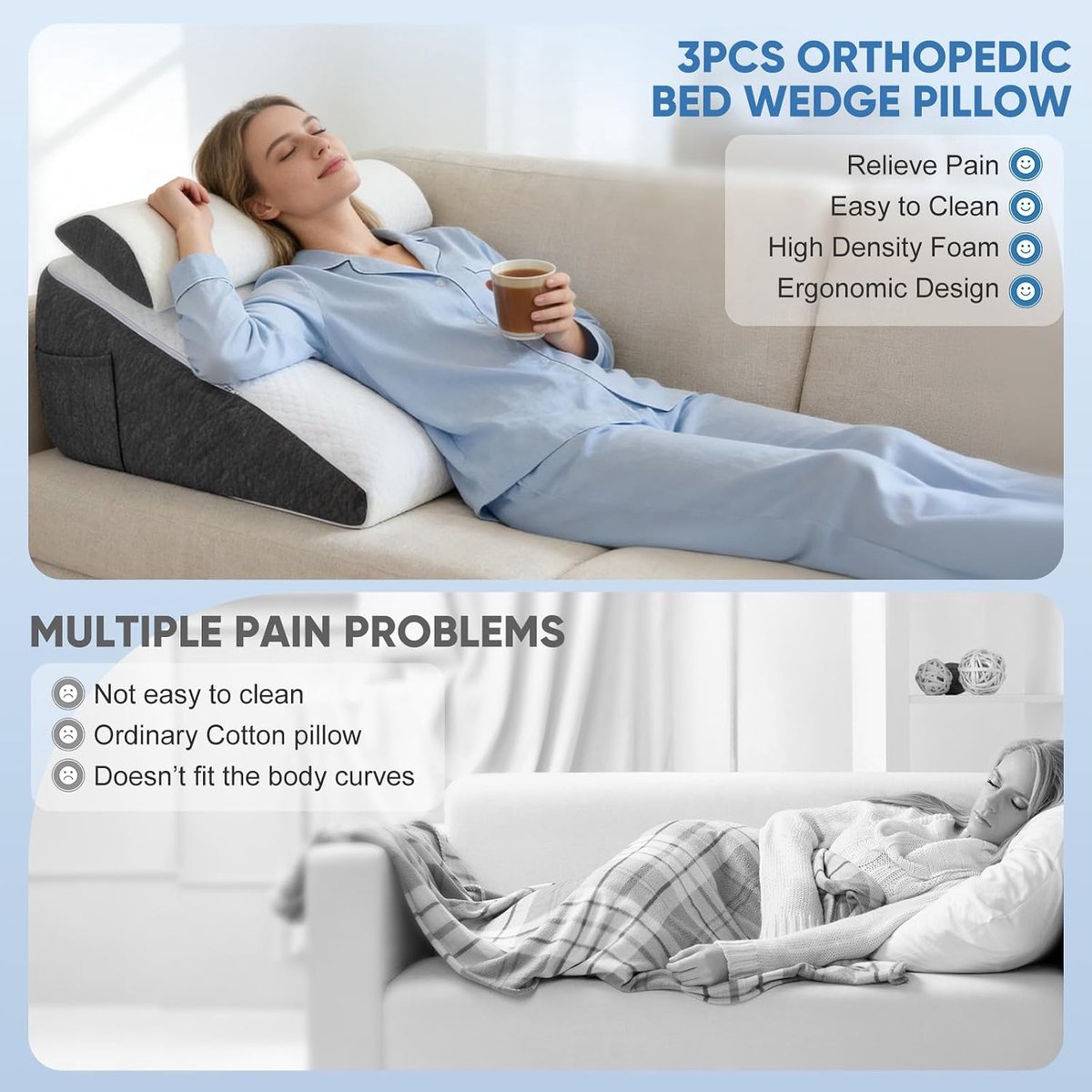 Wigkussen voor bed en bank - dubbellaags traagschuim - ergonomisch leeskussen - optimaal comfort bij herstel - ShopVlot