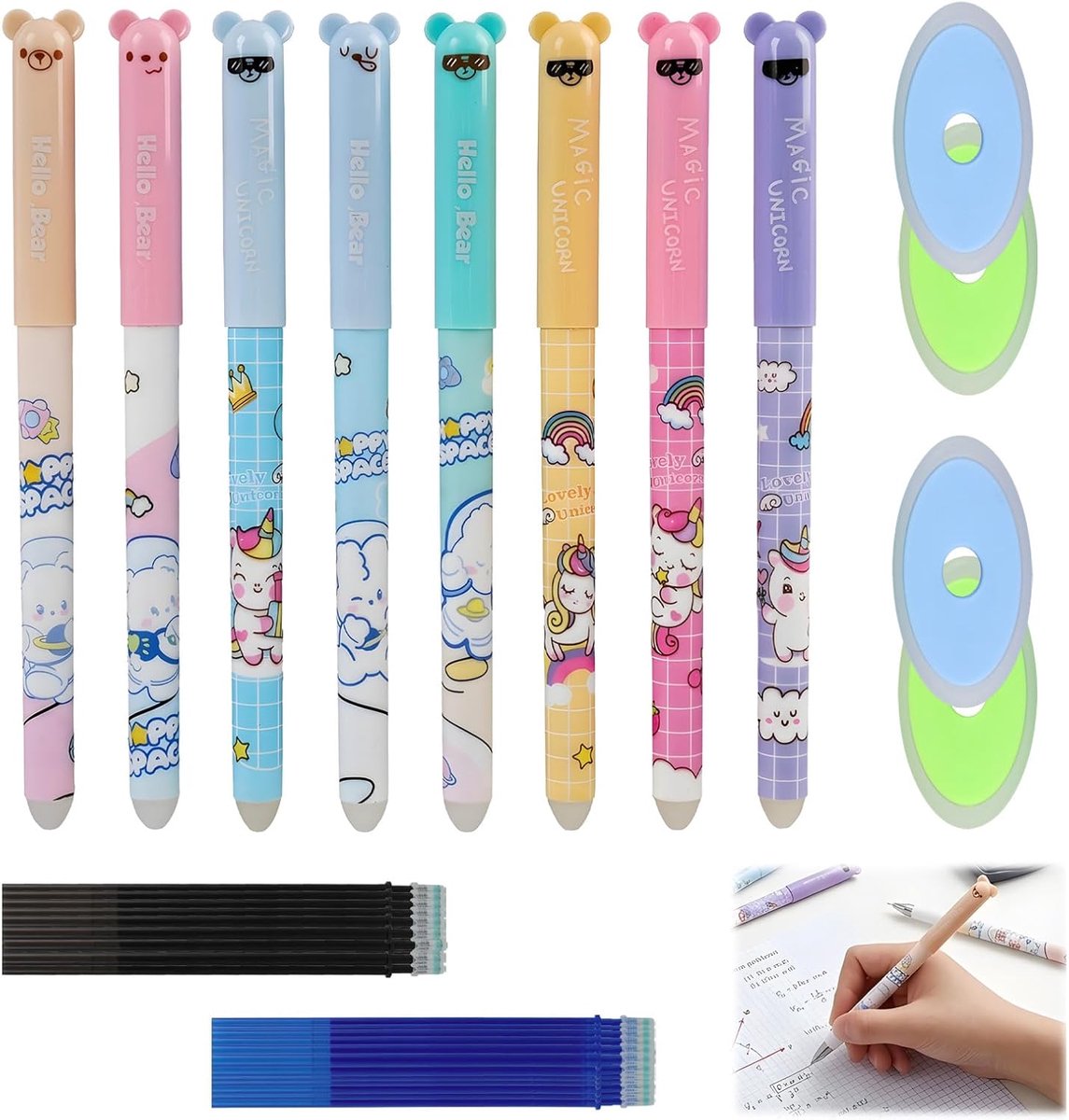 Dierenpennen set 8 stuks - uitwisbare balpen 0,5 mm - inclusief 40 reservevullingen - ideaal voor school en kantoor - ShopVlot