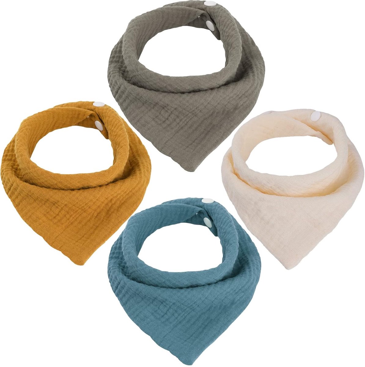 Triangle slabbetjes set van 4 - beige, blauw-groen, geel, bruin-groen - zacht en absorberend - comfortabel voor baby’s - ShopVlot