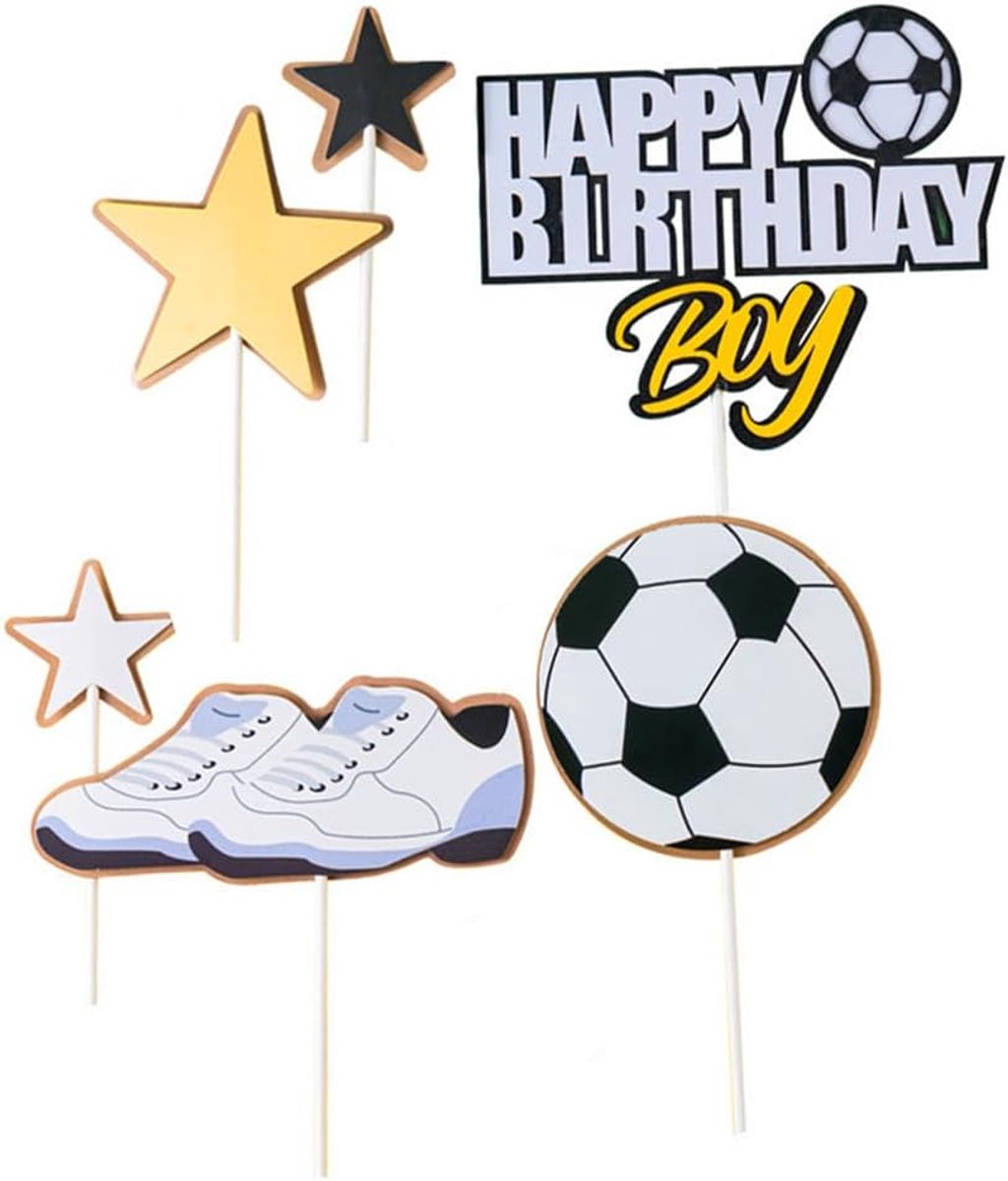 Voetbal-taartdecoratieset 6-delig - Voetbalthema - Happy Birthday inzetstuk - Ideaal voor verjaardagstaarten - ShopVlot
