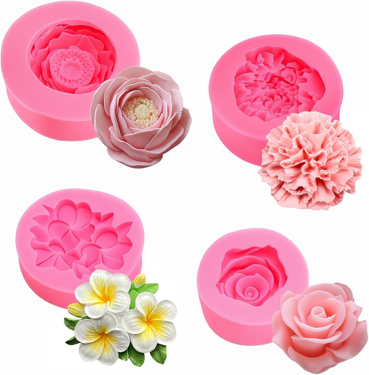 Silicone Moulds Bloemen 4pcs - Roos, Pioenroos, Anjer, Gardenia - Flexibel en veilig materiaal - ShopVlot