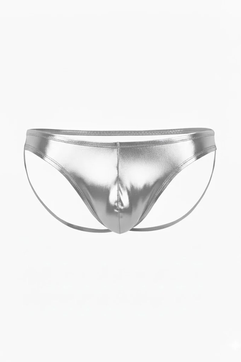 Glanzende Zilverkleurige Heren Jockstrap met Open Rug Design in Synthetisch Leer - Normale Pasvorm met Elastaan XS tot XL