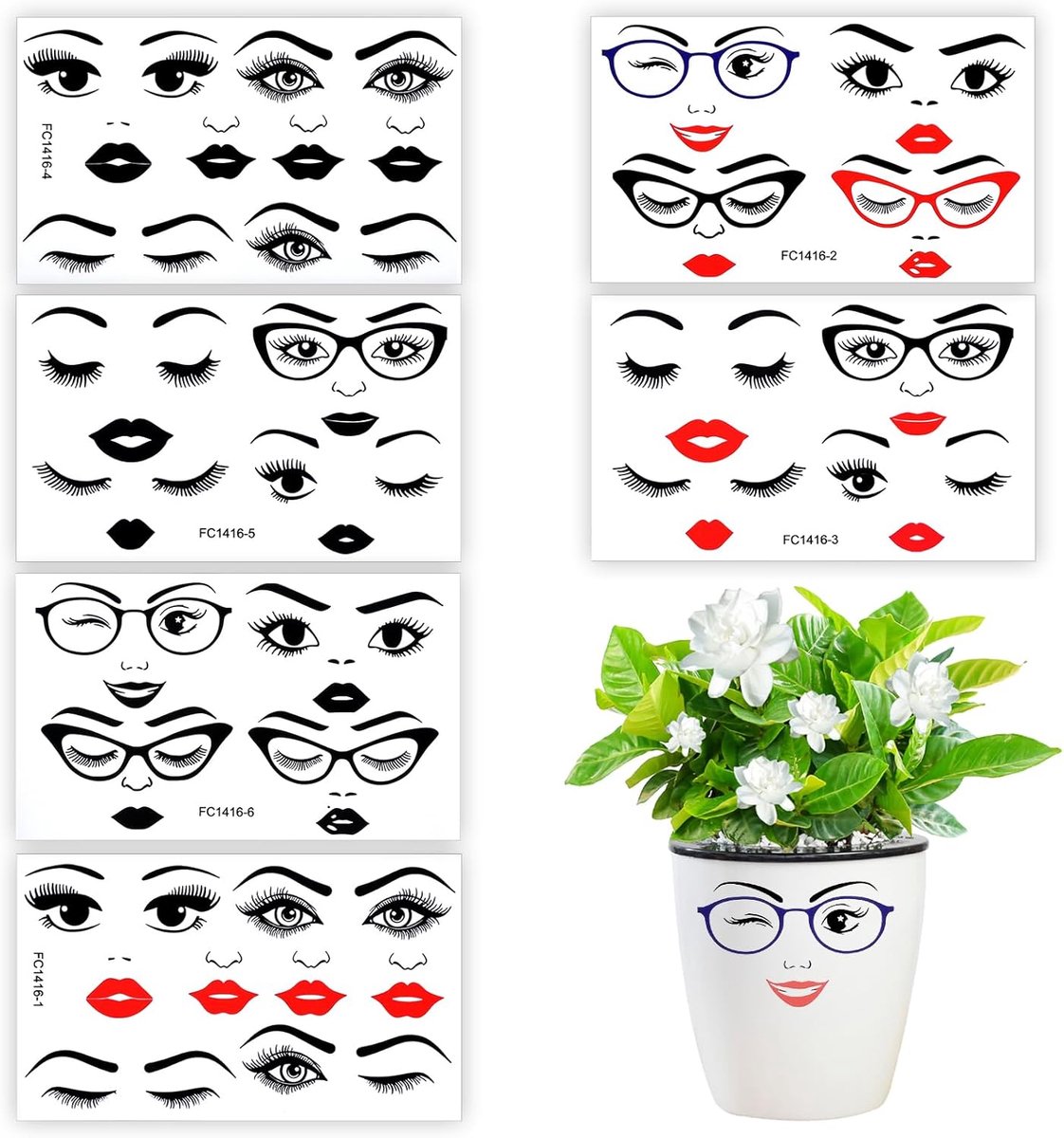 Gezichtstickers voor knutselen - 6 kleurrijke vinyl stickers - grappige emoticons - decoratie voor bloempotten - ShopVlot