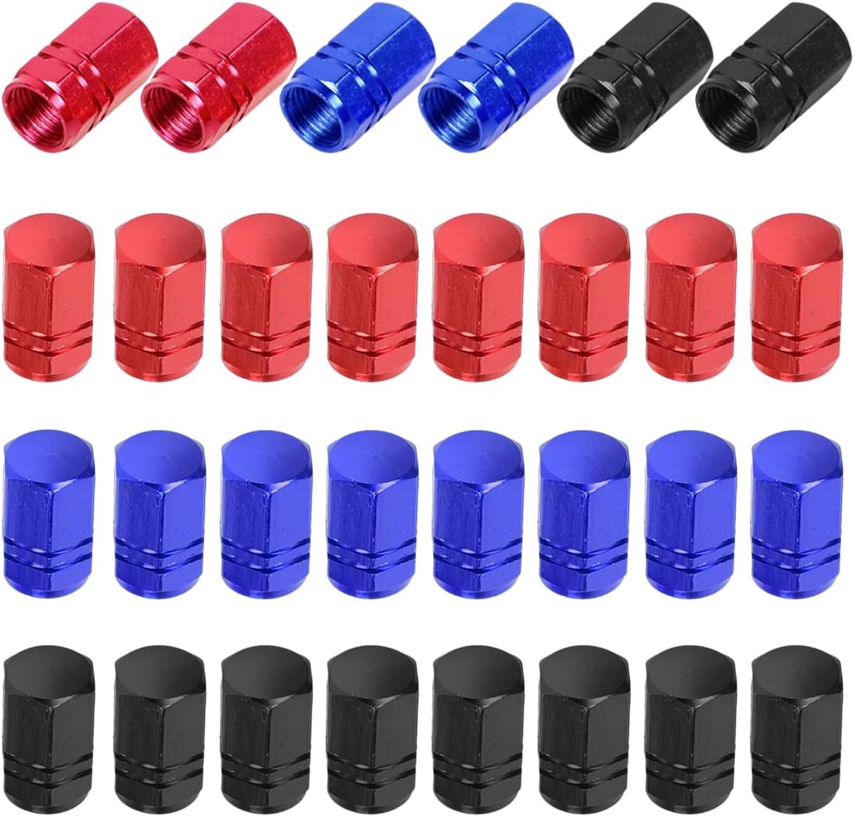 Klepkappen autobanden 30 stuks - aluminiumlegering - zwart, rood en blauw - geschikt voor auto, fiets en motorfiets - ShopVlot