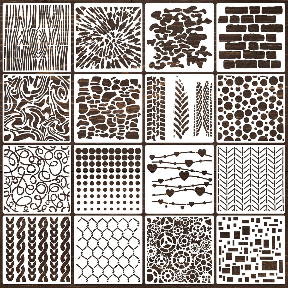 Structuursjablonen 16 stuks 15 x 15 cm - Herbruikbare kunststof sjablonen - Voor wand- en meubelvormgeving - ShopVlot