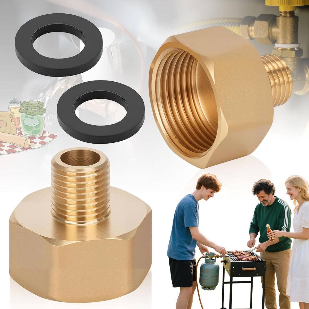 LPG adapter 1/4 naar 3/8 - 2 stuks messing - met rubberen afdichtingen - veilig voor gas en campingkoks - ShopVlot