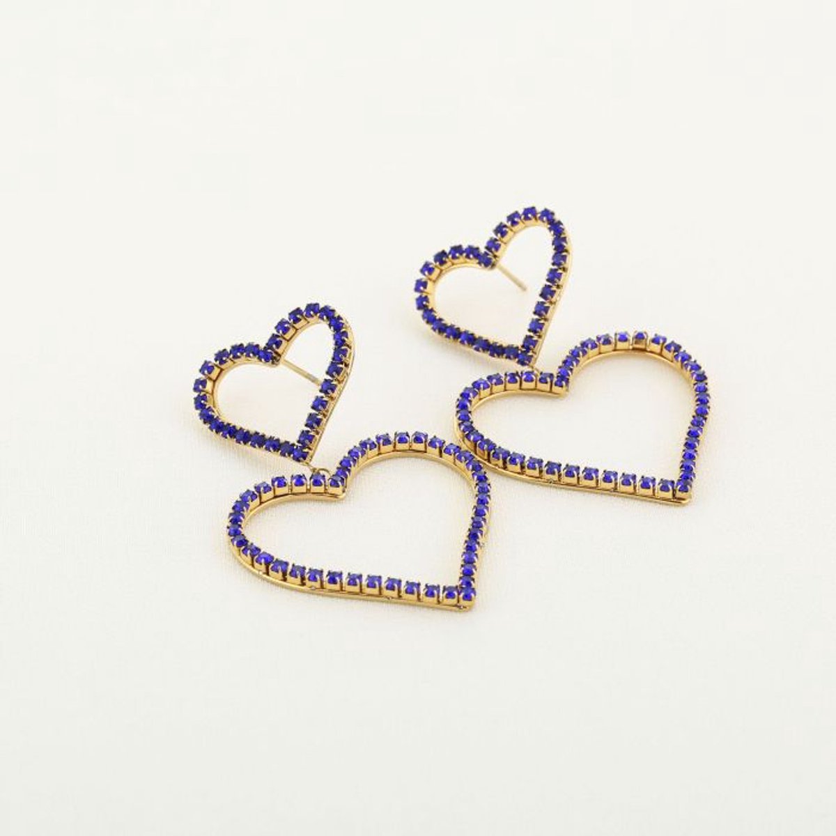 oorbellen - dubbel hart - strrass - blue - rvs - cadeau tip