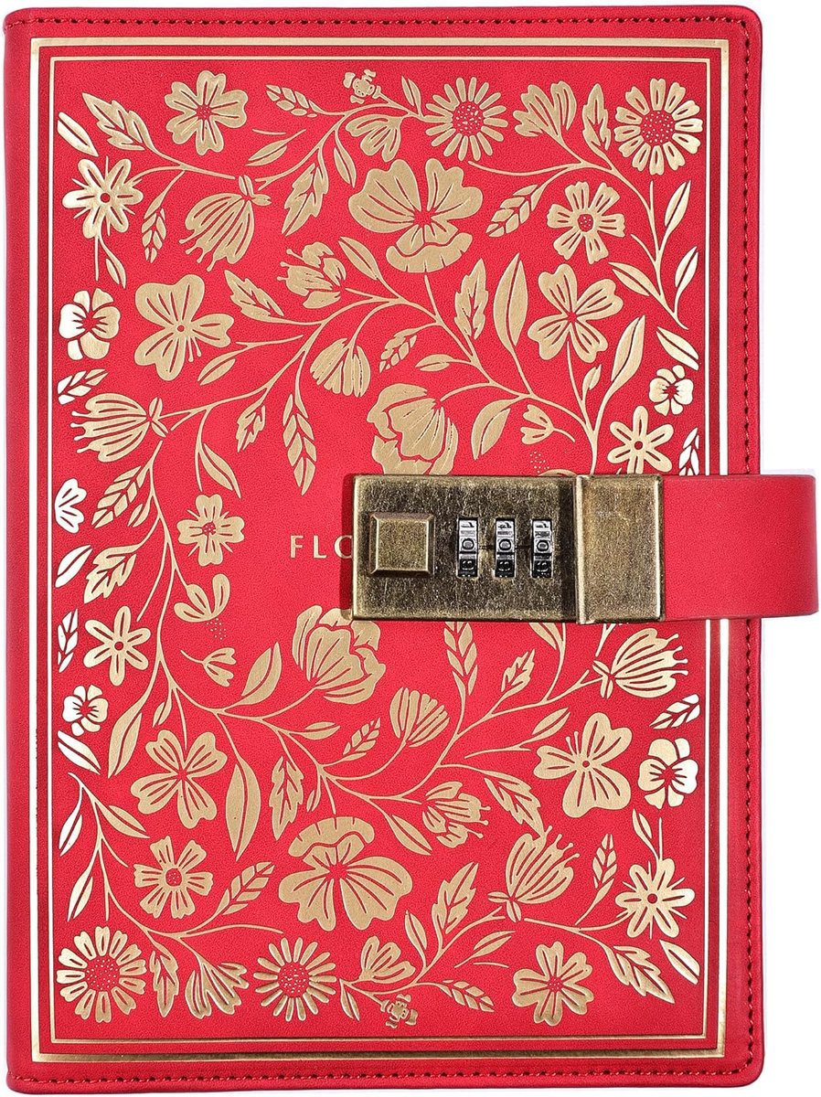 Dagboek met slot B6 - Vintage leren journal - Gegraveerde bloemen - Bescherm je geheimen - ShopVlot