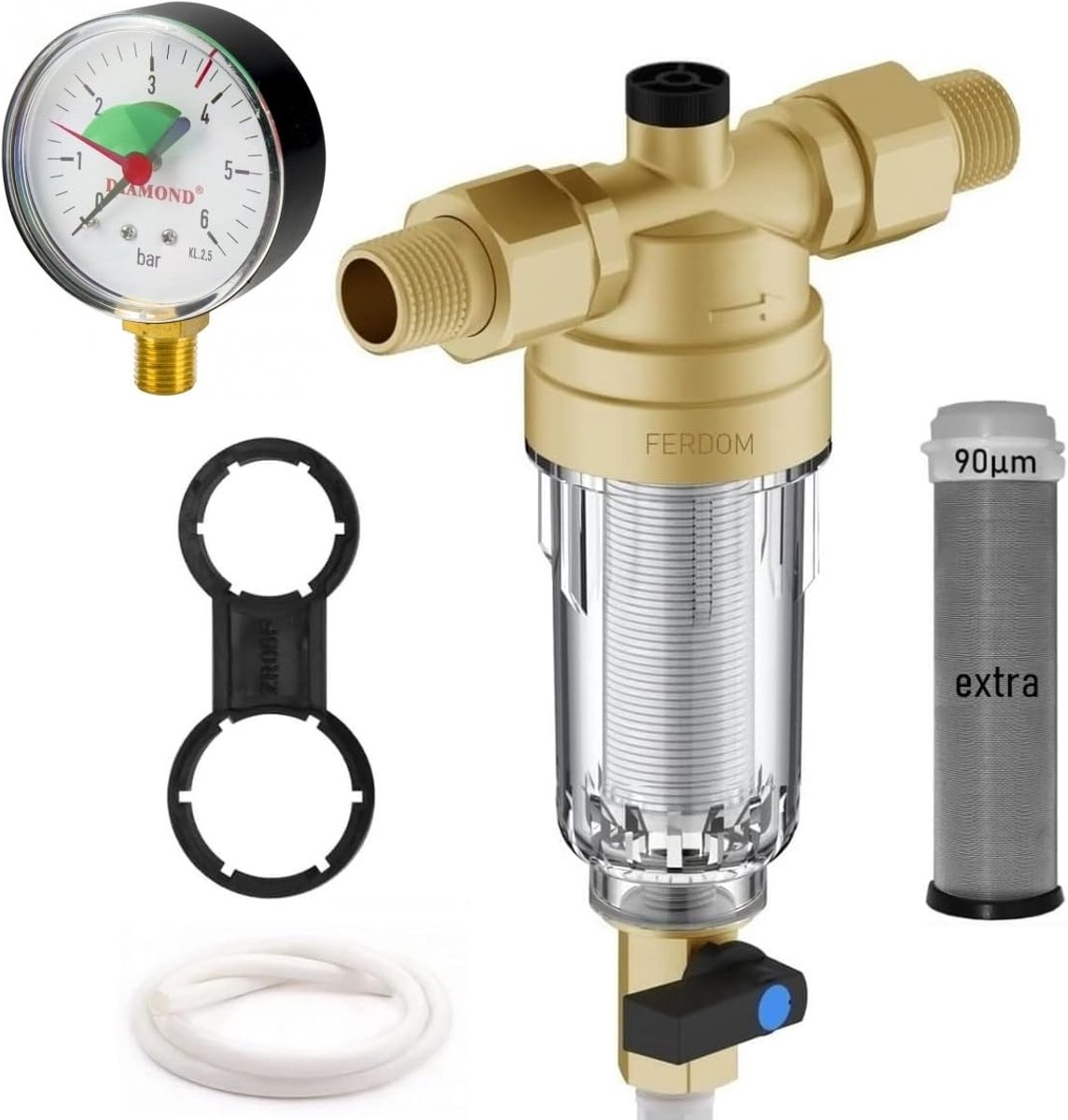 Waterfilter Pre-Filter FD180 - RVS 90 Micron - Inclusief Drukmeter - Beschermt apparatuur tegen verontreinigingen - ShopVlot