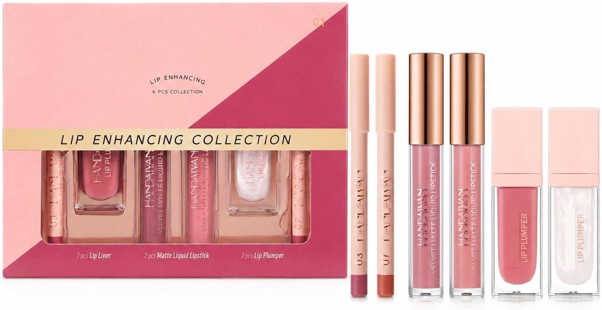 Lippenmake-upset 6-delig - 2 lipliners + 2 lipgloss/lip plumper + 2 vloeibare lippenstiften - glanzende afwerking - ShopVlot