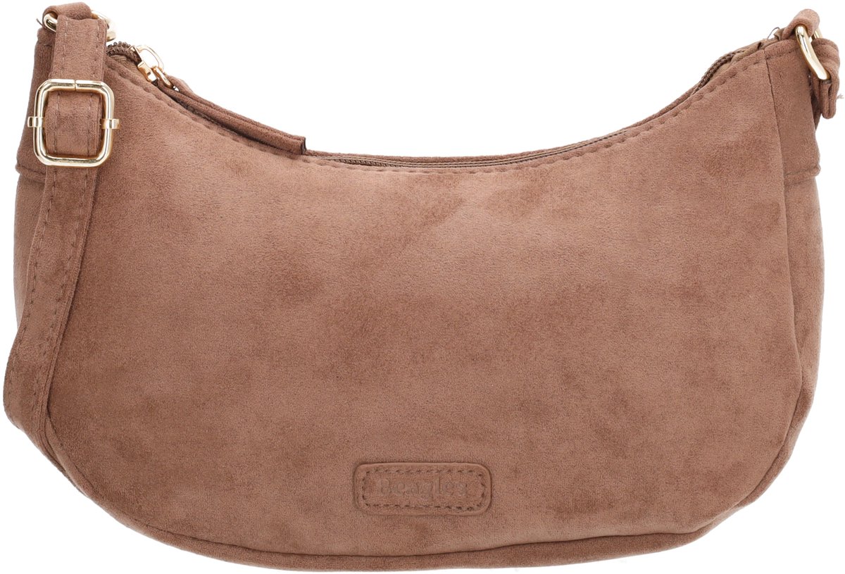 Beagles Chino Crossbodytas - Faux Suède - Schoudertas - Damestas - Halfrond Model - Ritssluiting - Verstelbare Schouderband - Taupe