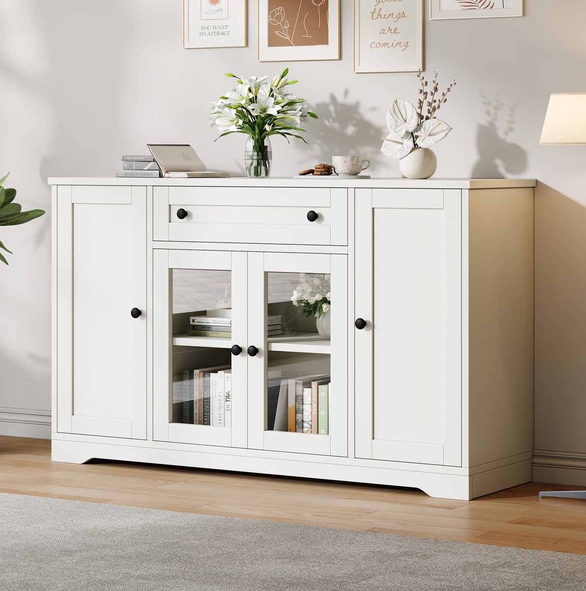 STILVORA Dressoir Met 4 Deuren 2 Glazen Deuren 1 Lade Verstelbare Planken Voor Woonkamer Eetkamer En Hal Wit MDF Spaanplaat 138x40x83 Cm
