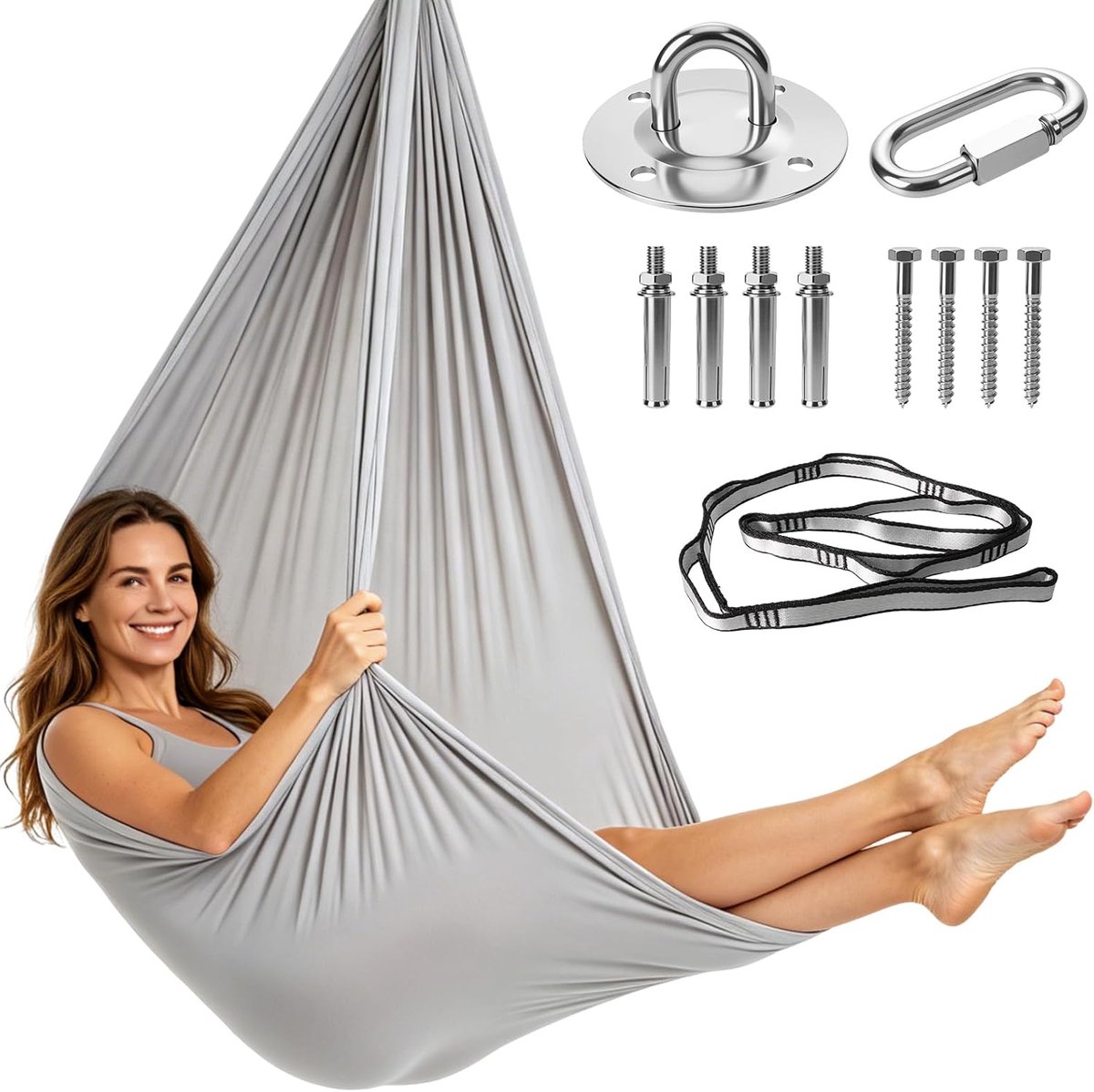 Hangmatset 150 x 280 cm - grijs polyester - draagvermogen 200 kg - ideale ontspanning binnen en buiten - ShopVlot