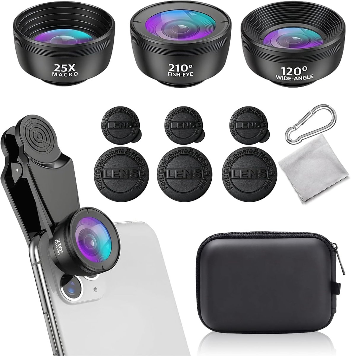 Mobiel toont 3-in-1 camera lens - 210° fisheye - 120° groothoek - 25x macro - ideaal voor prachtige foto's - ShopVlot