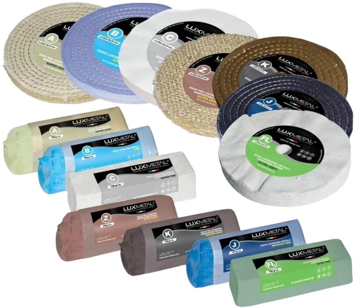 Polijstschijven set van 7 - 200 mm - schuurpasta 700 g - ideaal voor metaalbewerking - ShopVlot