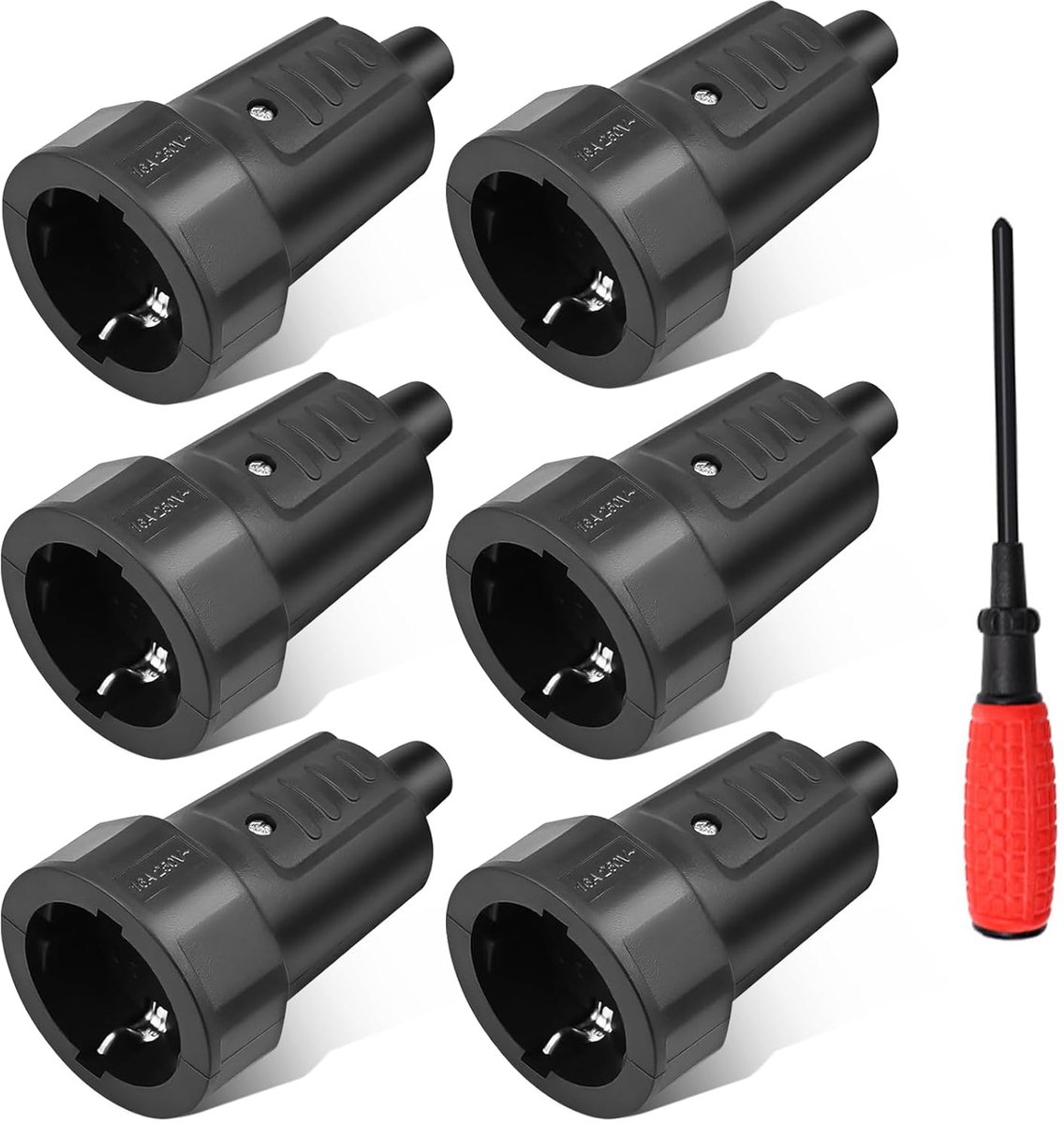 Schuko Plug 6 x Elektrische Stekkers - Zwart Rubber - Waterdicht IP44 - Ideaal voor Buitengebruik - ShopVlot