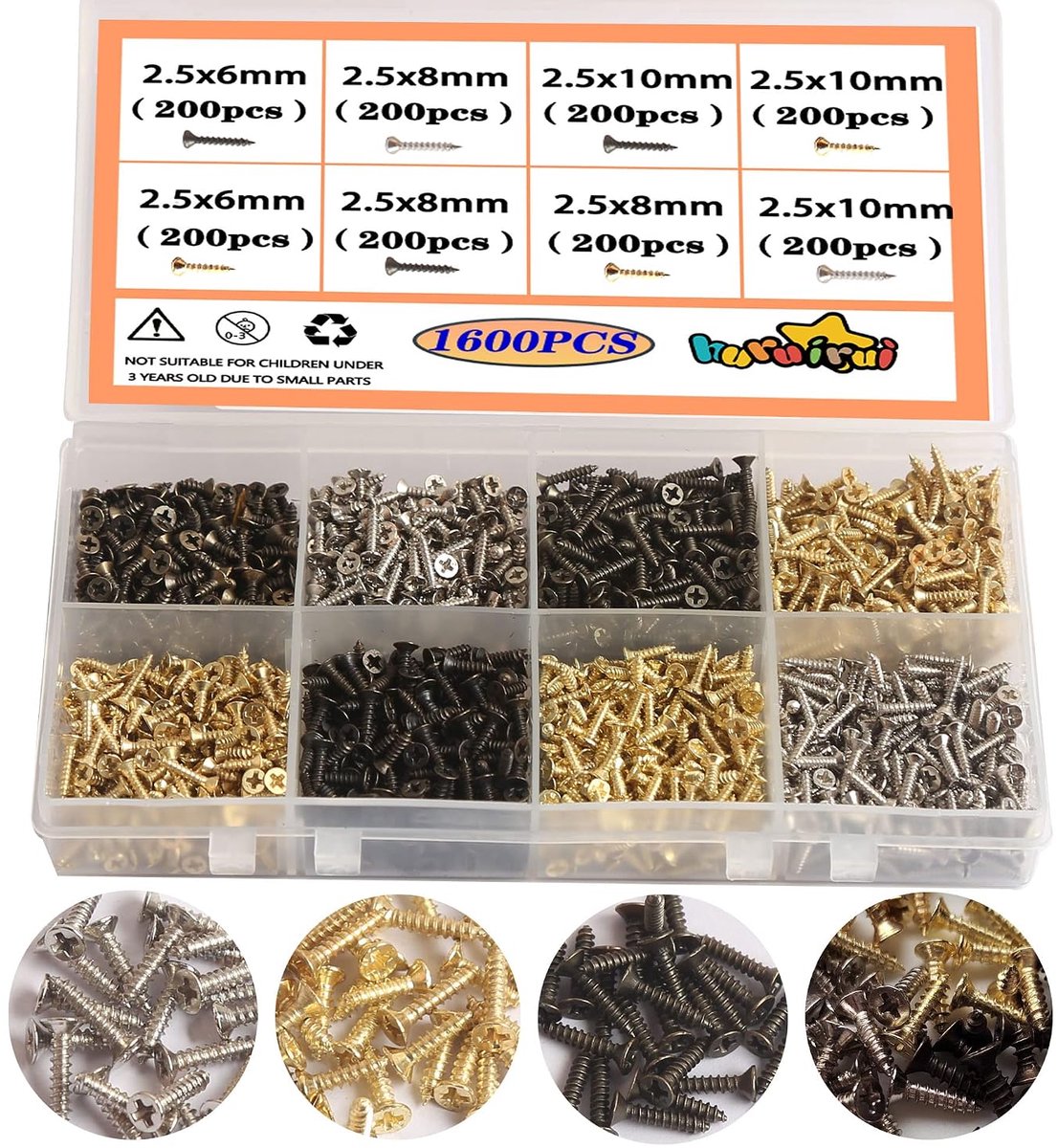 M2.5 kleine schroeven set - 1600 stuks - goud, zilver, zwart - zelftappende schroeven voor veelzijdig gebruik - ShopVlot