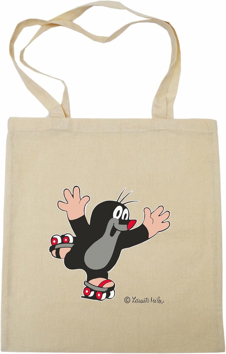 Cotton tas voor boodschappen 42 x 38 cm - beige/zwart - met handvat - leuk voor kinderen - ShopVlot